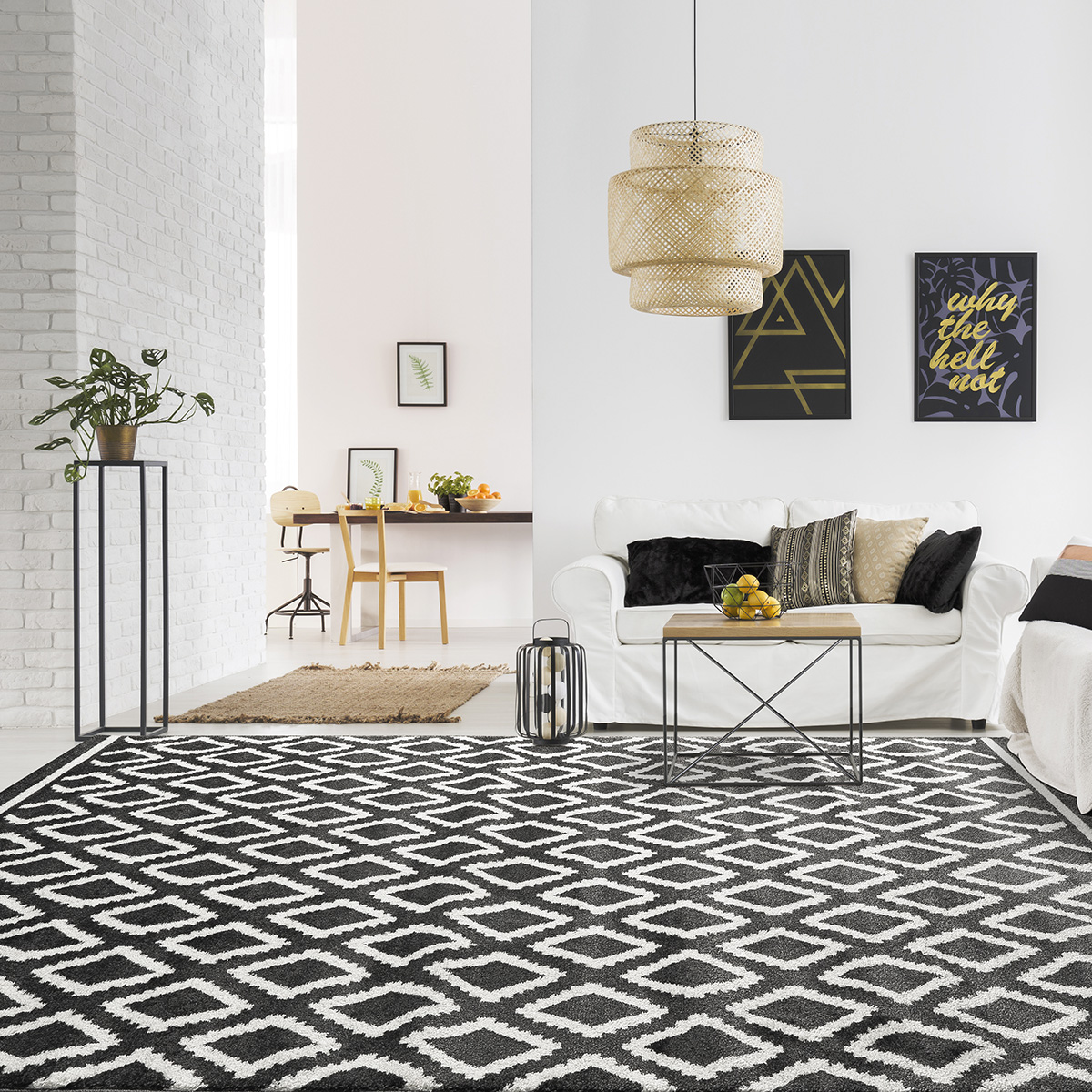 Apartment,With,White,Brick,Wall,,Sofa,,Table,And,Pattern,Rug