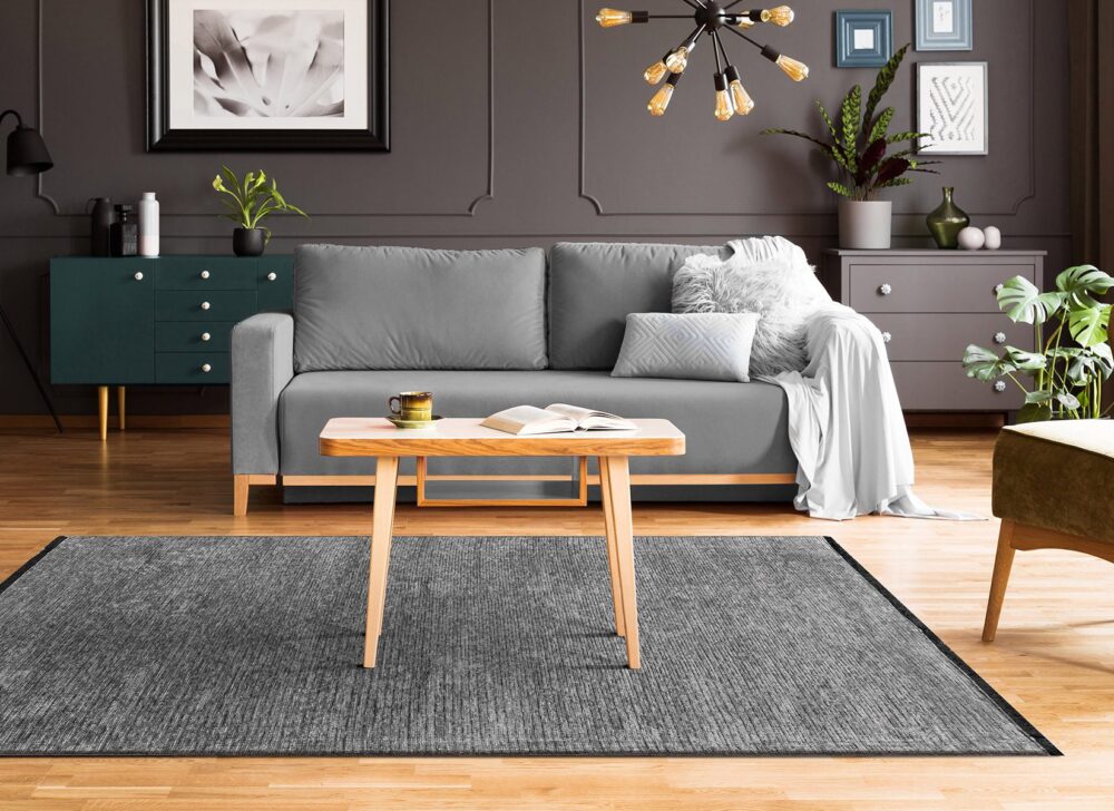 Wooden,Table,On,Blue,Carpet,In,Grey,Living,Room,Interior