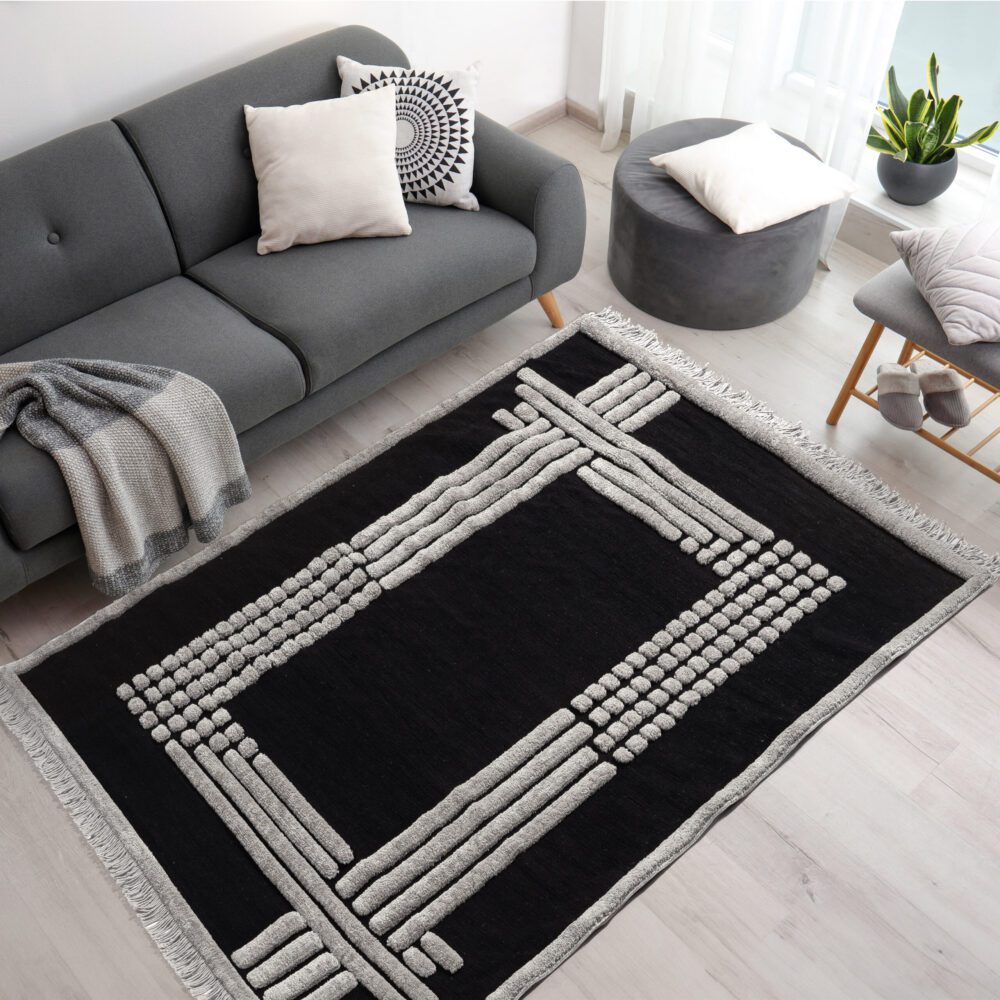 Living,Room,Interior,With,Comfortable,Sofa,And,Stylish,Rug,,Above